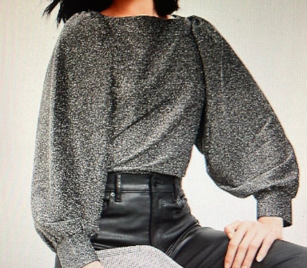 Loft women’s metallic silver, puff sleeve blouse XL